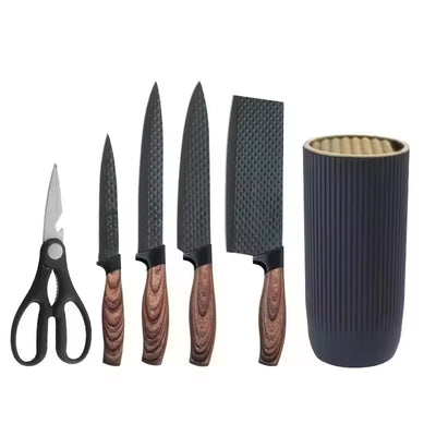 New design khaki and black colour sharp stainless steel 6 pcs knife set with holder