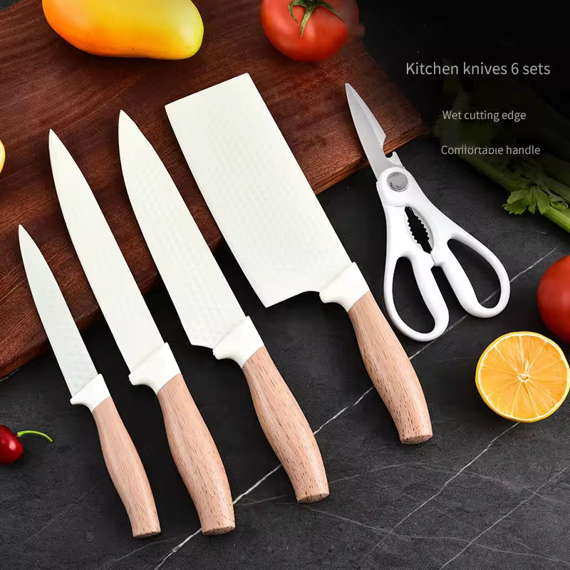 New design khaki and black colour sharp stainless steel 6 pcs knife set with holder