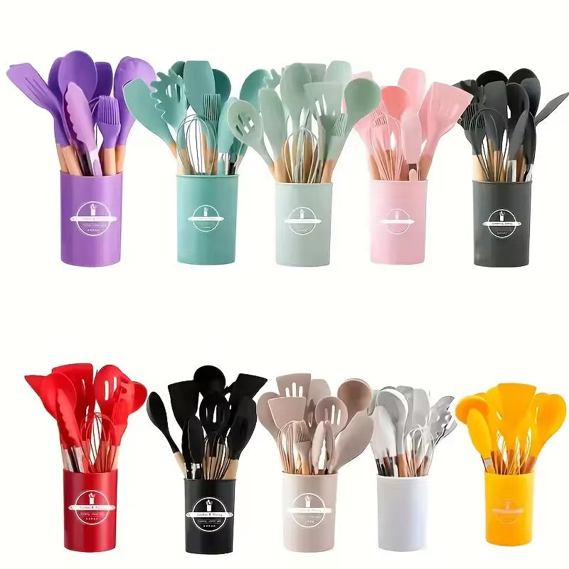 12 Pcs Food Grade Silicone Kitchen Utensils Set With Wooden Handle