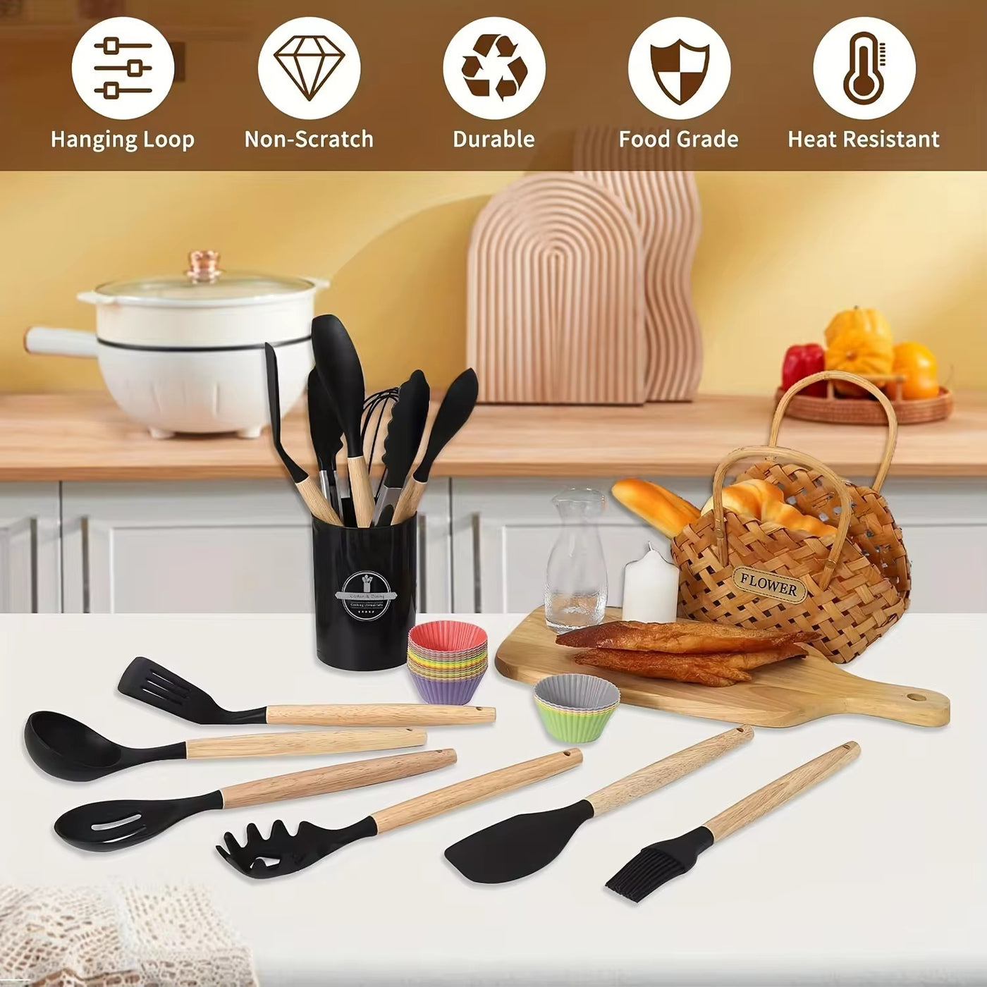 12 Pcs Food Grade Silicone Kitchen Utensils Set With Wooden Handle