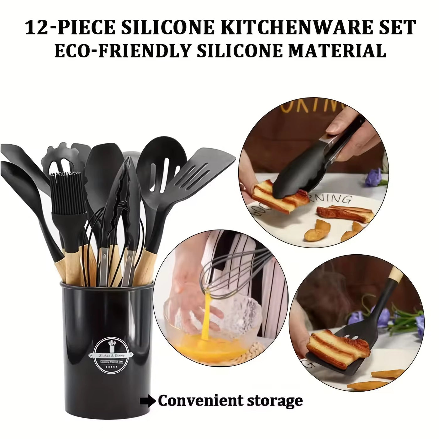 12 Pcs Food Grade Silicone Kitchen Utensils Set With Wooden Handle